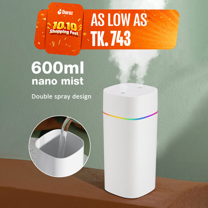 600ML Dual Spray Air Humidifier with Night Light – Silent Cool Mist Diffuser & Air Purifier for Home, Office, Bedroom, and Ca
