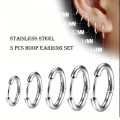 5 Pcs Simple Stainless Steel Hoop Earrings Unisex Single Side Multiple Sizes Earrings Cartilage Piercings Jewelry. 