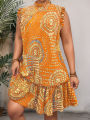 Plus Size 2025 Summer New Women's Elegant Slim Fit Short Sleeve Dress - Black Gold and Red Paisley Print Ruched Hem Round Neck. 