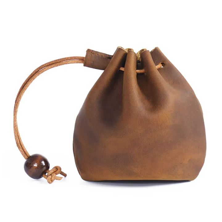 Original Handmade Genuine Leather Unisex Coin Purse Cow Leather Coins Money Pocket Retro Wallet Drawstring Storage Bag
