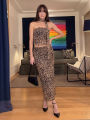 Women Leopard Print 2 Piece Outfit Strapless Ruched Crop Top Maxi Skirt Set With Choker Scarf Party Clubwear For Summer. 