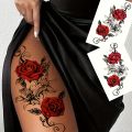 2pcs Red Temporary Rose Flower Arm & Leg Tattoo Stickers, Stripper Chest & Thigh Design, Waterproof, Perfect for Women. 