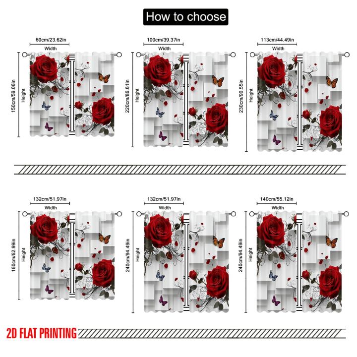 2pcs%202D%20flat%20printing%20Window%20Curtains%20Red%20Rose%20Butterfly%20Cubes%20Digital%20Printed%20Polyester%20Drapes%20Holiday%20Decorations%20Use%20for%20-%20Image%203