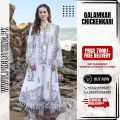 Qalamkar White 3Pcs Lawn Chickenkari Dress with Khaadi Net Dupatta. 