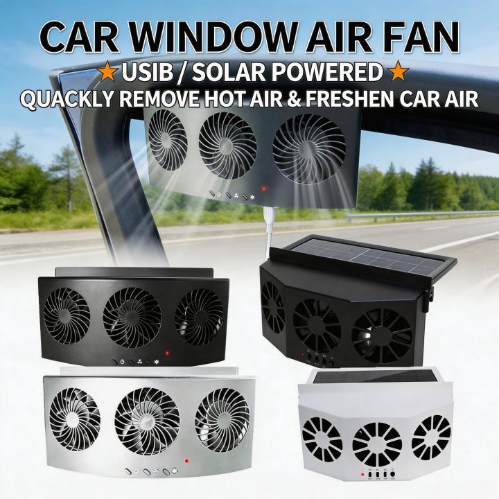 New 3 Head Car Exhaust Fan USB Rechargeable Solar High Wind Power Air Circulation Cooling Heat Dissipation No Tool Easy Install