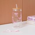 1/2/4/6Pcs Glass Cups with Bowknot Print, with Lid and Straw, Exquisite and High-End Bowknot Glass Cups, Suitable for Home Decoration, Daily Household Drinking Cups, Outdoor Picnic Cups, Party Cups, Breakfast Milk Cups, -Giving Items. 