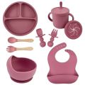 Food Grade Silicone Child Dish Set Baby Feeding Bowl Suction Plate Straw Cup Wooden Spoon Fork for Kids Tableware Toddler Dishes. 