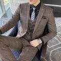 British Korean Style High Quality Modified Plaid Three-Piece Suit for Men - Stylish Business Casual Suit Vest And Trousers Set.