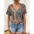 Plus Size 0XL-5XL Women's Fashionable V-neck Printed Casual and Comfortable Short Sleeved Shirt. 