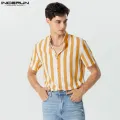 INCERUN Man Stylish Button Blouse Summer Casual Tops Masculina Fashion Striped Men's Shirts Short Sleeve Stand Collar Shirts 5XL. 