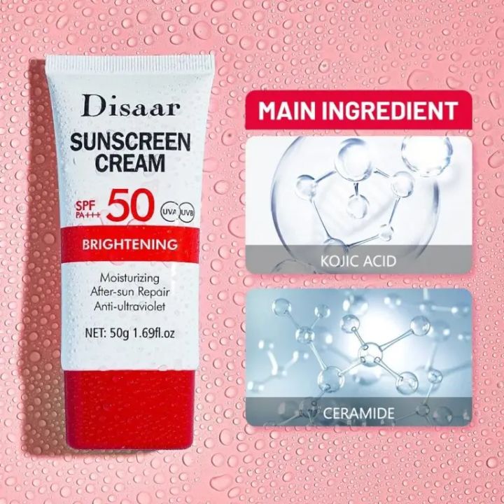 DISAAR%2050+%20MOISTURIZING%20SUNSCREEN%0A%0AWith%20Kojic%20Acid,%20Ceramide%20&%20Vitamin%20E%20Brightening%20And%20Moisturizing%20UVA/UVB%20Sunscreen-%2050g%20-%20Image%202