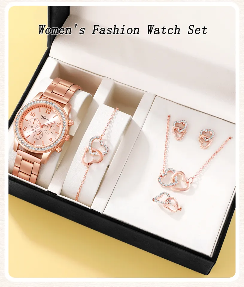 6PCS Set Rose Gold Luxury Watch Women Ring Necklace Earring Rhinestone Fashion Wristwatch Casual Ladies Bracelet Watches Daraz.pk