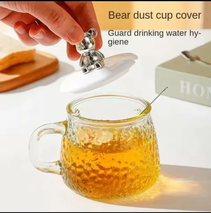 Premium Aesthetic Bubble Glass Cup with Gold Spoon 400ml Heat Resistant ...