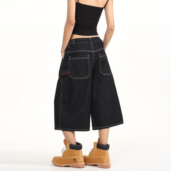2026 Summer American Retro Denim Cropped Pants for Men and Women Street Loose Wide-leg Shorts Y2K Hip-hop Street Dance Pants