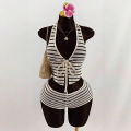 Summer Seaside Beach Vacation Style Knitted Lace up Slim Fit Halterneck Vest Half-Length Shorts Two-Piece Set for Women  sty. 