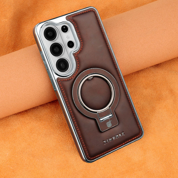 Magnetic Metal Car Mount Pure Leather Phone Case,For S26 S25 S24 S23 Ultra Plus S26 Edge Shockproof Phone Case