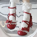 Women's Mary Janes Lolita Shoes Strawberry Bowknot Round Toe Heels Sweet Shoes Ankle Strap Pumps for Ladies.