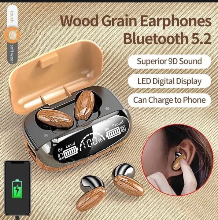 M35 Tws Wood Grain Bluetooth Earphone Led Display 9D Stereo Sound Music Headphone Wireless Earbuds Touch Control Sport Earphone With Mic - Bluetooth Headphone