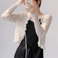 Ruffled Trim Tie Front Long Sleeve Crop Top Women Ribbed Knit Cardigan Sweater Shrug Top Summer Teen-girl Fairycore Outfit.