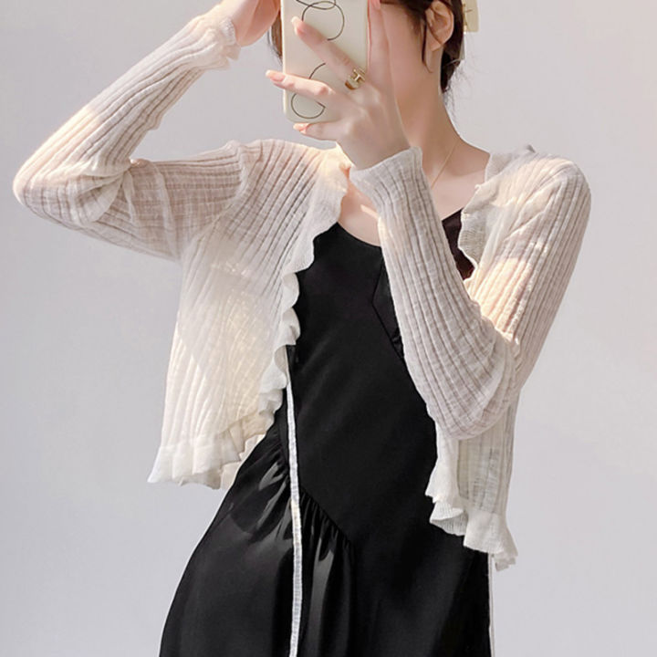 Ruffled%20Trim%20Tie%20Front%20Long%20Sleeve%20Crop%20Top%20Women%20Ribbed%20Knit%20Cardigan%20Sweater%20Shrug%20Top%20Summer%20Teen-girl%20Fairycore%20Outfit%20-%20Image%204