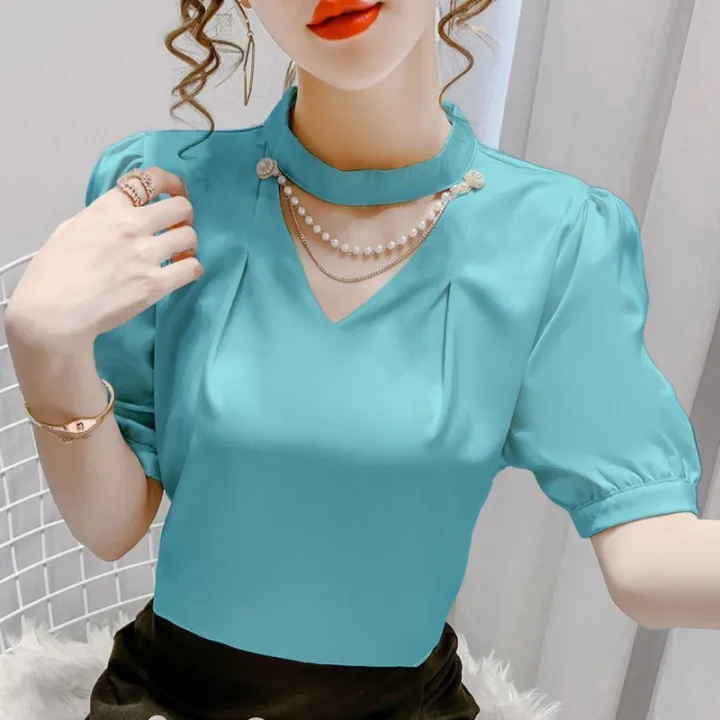 Women%20Summer%20Style%20Blouses%20Shirts%20Lady%20Fashion%20Casual%20Puff%20Short%20Sleeve%20O-Neck%20Solid%20Pearl%20Blouses%20Tops%20WY0227%20-%20Image%204