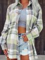 Women Plus Size Fashion Plaid Printed Shirt Casual Loose Long Sleeved Shirt  Lapel Design Shirt Tops. 