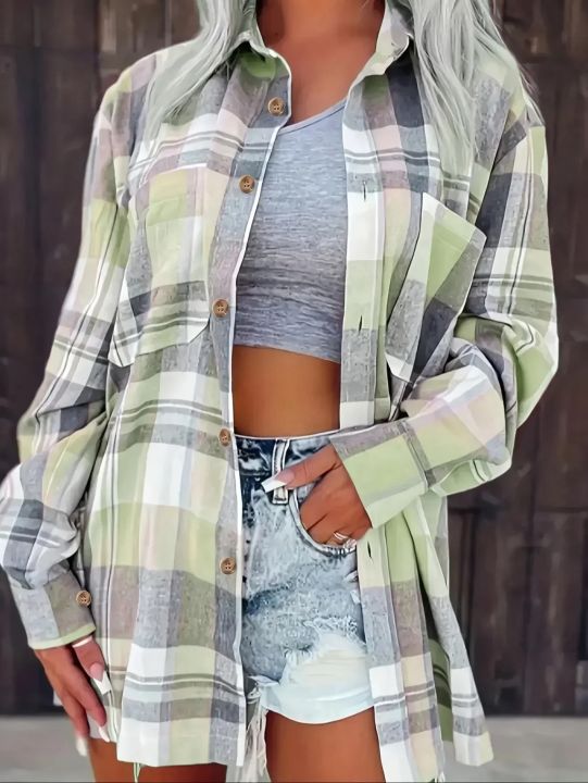 Women%20Plus%20Size%20Fashion%20Plaid%20Printed%20Shirt%20Casual%20Loose%20Long%20Sleeved%20Shirt%20%20Lapel%20Design%20Shirt%20Tops%20-%20Image%203