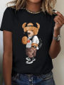 Leisure Comfort Fit Top Women's Activewear Cartoon Bear Pattern Printing Short Sleeve T-shirt. 
