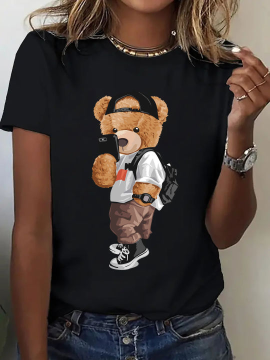 Leisure Comfort Fit Top Women's Activewear Cartoon Bear Pattern Printing Short Sleeve T-shirt