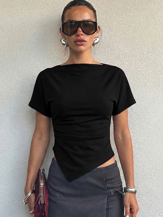 Dulzura%20O-Neck%20Short%20Sleeve%20Ruched%20Slim%20Irregular%20T-Shirt%20Women'S%20Casual%20Versatile%20Y2K%20Top%20Party%20Club%20Street%20Style%20Summer%20Outfit%20-%20Image%204