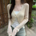 Lace Trim One Button Long Sleeve Crop Top Women Short Sleeve Open Front Ribbed Knit Cardigan Sweater Summer Fairycore Outfit. 