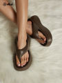 New Summer Women's Flip-Flops, Fashionable Wedge-Heeled Dark Brown Thick-Soled Sandals, Outdoor Casual Beach Shoes, High-Heeled Flip-Flops. 