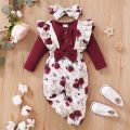 0-18Months Baby Girl Clothes Set Red Color Long Sleevs Bodysuit + Flower Strap Pants 2PCS Infant Girl New Years Clothing Suit.