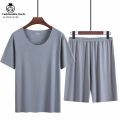 New Ice Silk Short-Sleeved Pyjamas for Men Summer Homewear Set Modal Seamless Crew Neck Lightweight Short-Sleeved T-Shirt Set. 