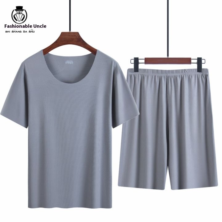New Ice Silk Short-Sleeved Pyjamas for Men Summer Homewear Set Modal Seamless Crew Neck Lightweight Short-Sleeved T-Shirt Set