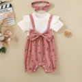 Summer female infant floral print short-sleeved overalls and bow headgear. 