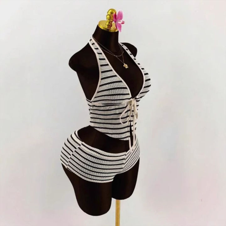 Summer%20Seaside%20Beach%20Vacation%20Style%20Knitted%20Lace%20up%20Slim%20Fit%20Halterneck%20Vest%20Half-Length%20Shorts%20Two-Piece%20Set%20for%20Women%20%20sty%20-%20Image%202