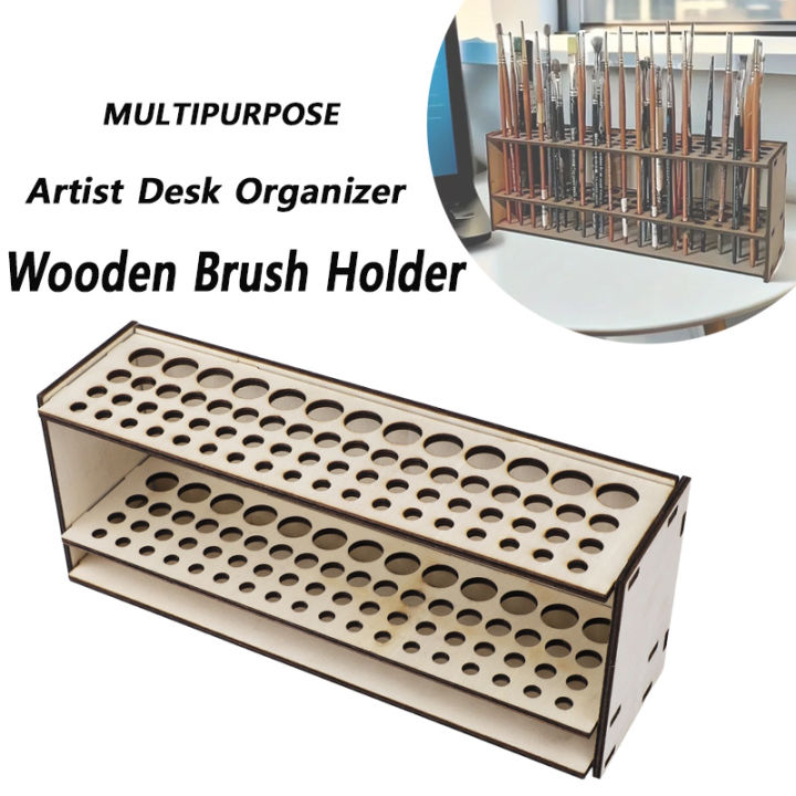 67-Slot Premium Wooden Brush Holder - Durable Artist Desk Organizer, Pencil & Paint Brushes Storage, Elegant Art & Craft Supplie