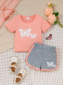 Summer Baby Girls 9-12M Pink Butterfly Print Short Sleeve T-Shirt & Gray Elastic Waist Shorts 2Pcs Set. 