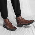 Men Block Heel Lace-up And Side Zipper Design Brogue  Boots. 