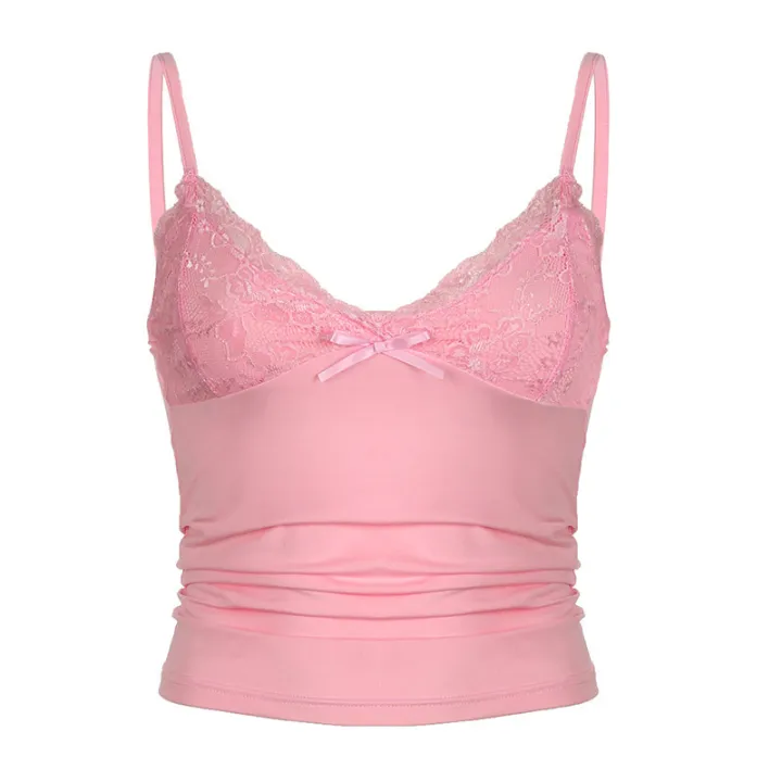 European%20American%20Style%20Y2K%20Lace%20V-Neck%20Bow%20Solid%20Color%20Suspender%20Spicy%20Girl%20%20Low%20Cut%20Vest%20Slim%20Fit%20Short%20Top%20Summer%20New%20-%20Image%206