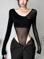 Black See Through Bodysuit Lingerie Long Sleeve Lenceria Femenina V-Neck One-Pieces Body Feminino Backless Tops For Women.