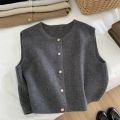 Women Sweater Vest Gold Button Up Waistcoat Soft Knitted Sleeveless Cardigan Jacket Top Fall Winter Korean Ladies Chic Outfit.