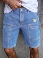 Men's Summer Loose Straight Denim Shorts American Workwear Patchwork Style Casual Cargo Mid-Rise Shorts.