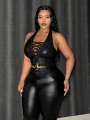 Leather Crop Top for Women with Hanging Neck Strap Hollow out Belted Waist Tight Strap Vest Large Size European Style. 