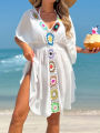 Crochet V Neck White Cover-Up Dress Beach Dress Cover-Ups Swimsuit Summer Bathing Suit Woman Summer Tunic Saida Praia Beachwear. 