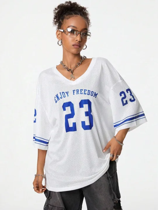 Summer%20New%20Black%20Enjoy%20Freedom%2023%20Print%20T-Shirt%20For%20Women%20V-Neck%20Short%20Sleeve%20Mesh%20Sports%20Football%20Jersey%20Y2K%20Oversized%20Tops%20-%20Image%206