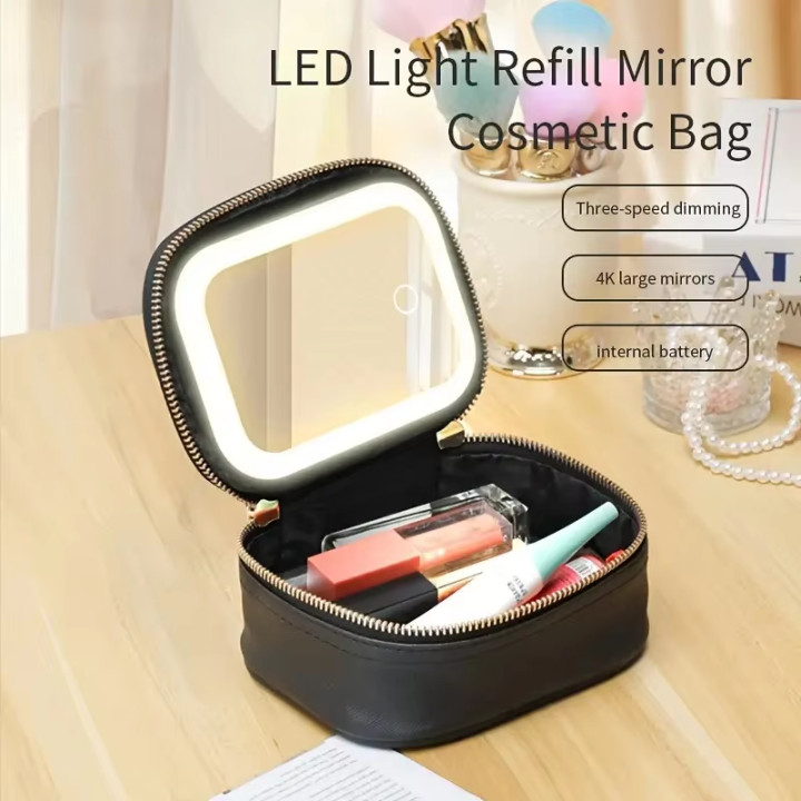 Mini Makeup Bag with Led Mirror Small Travel Cosmetic Organizer 3 Light Adjustable Brightness for Women Portable Train Toiletry