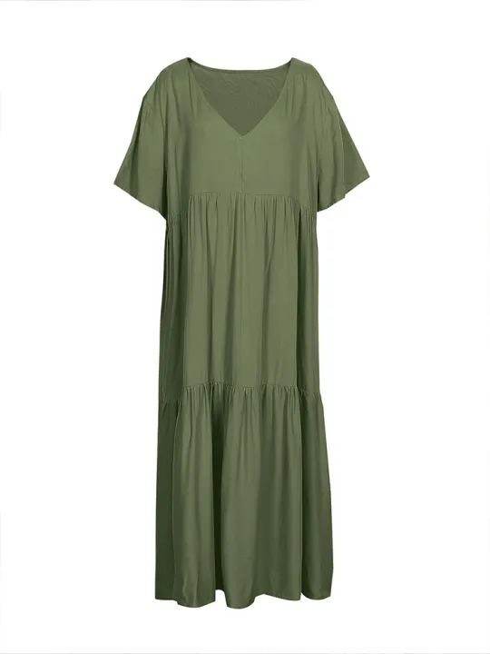 plus%20Size%20Women's%20Casual%20Loose%20V-Neck%20Long%20Dress%20Solid%20Pleated%20Big%20Size%20Spring%20Summer%20Comfortable%20Fit%20Maxi%20Dress%20-%20Image%203
