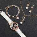 4pcs/set Women's Shiny Rhinestone Quartz Watch Analog PU Leather Wrist Watch  Faux Pearl Jewelry Set Girls Gift（Without Box）. 